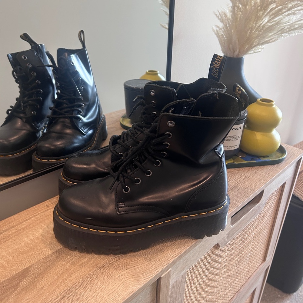 Jadon Dr. Martens Black Platform Lace-Up Boots with Yellow Stitching